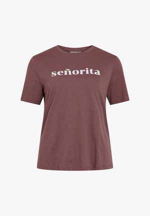 Bordeauxkleurig T-shirt met korte mouwen van zachte stof; met het woord "señorita" in dikke witte letters op de borst.