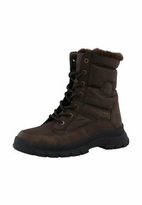 Bruine veterschoenen voor de winter met een bontvoering, gevoerde bovenkant, ronde neus, rubberen zool en metalen oogjes, met een logo-detail aan de zijkant.