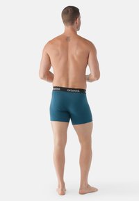 Boxer briefs color turchese, realizzati in materiale morbido, con una vita nera brandizzata. Il prodotto è mostrato da una vista posteriore, evidenziando il suo design aderente.