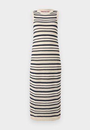 Hihaton midi-mekko, jossa on kerma- ja tummansiniset vaakaraitat, materiaalina teksturoitu neule ja pyöreä pääntie.