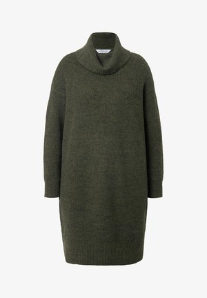 Strik kjole i mørkegrøn med høj krave, lange ærmer og en afslappet pasform med ribkant og manchetter.