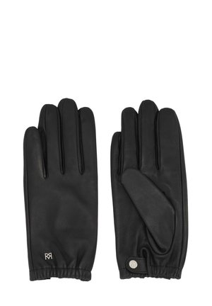 Gants en cuir noir avec une texture lisse, design à cinq doigts, poignet élastique et une touche décorative de bouton. Logo discret au niveau du poignet.