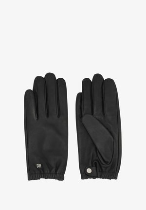 Fekete bőrkesztyű, sima textúrával, ötujjas dizájnnal, rugalmas csuklóval és díszes gombos részlettel. Diszkrét logó a mandzsettán.
