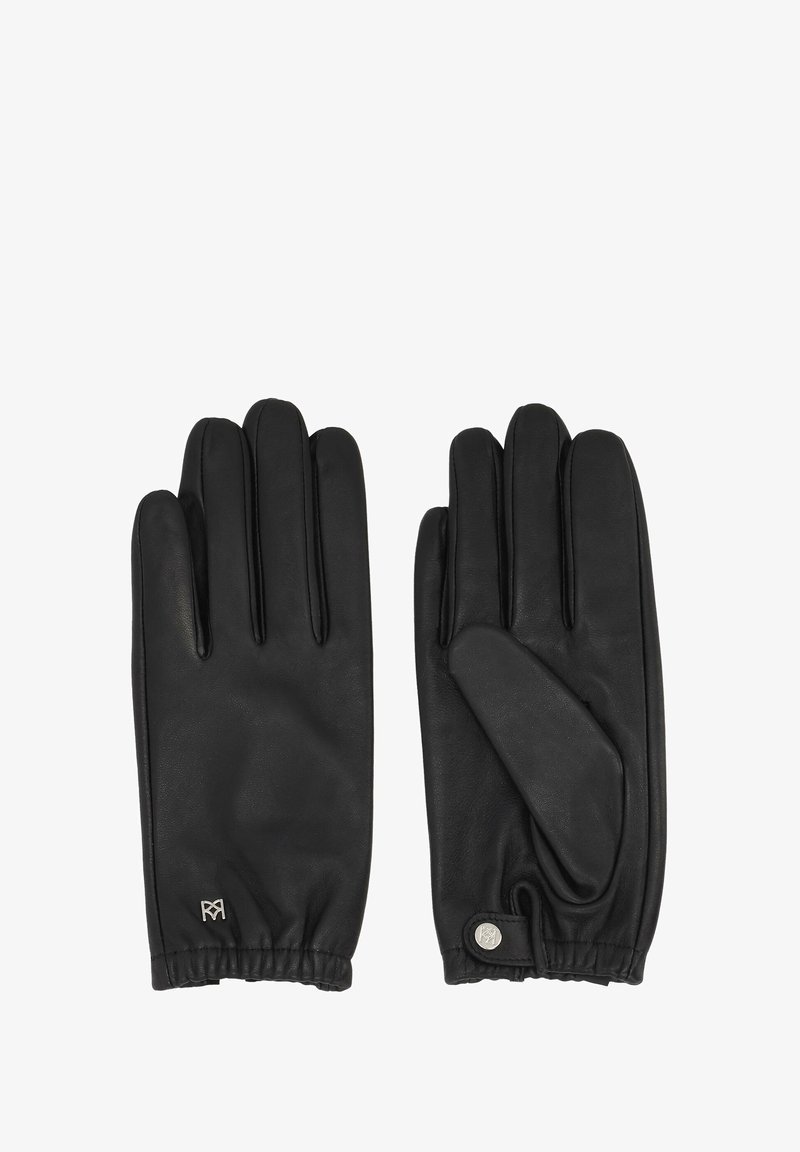 Mănuși din piele neagră cu o textură netedă, design cu cinci degete, încheietură elastică și un accent decorativ sub formă de buton. Logo subtil pe manșetă.