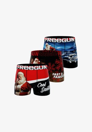 Boxers avec des motifs colorés de Père Noël, dans des couleurs rouge et noire, avec des motifs dynamiques, du texte blanc et une taille élastique avec "FREEGUN."