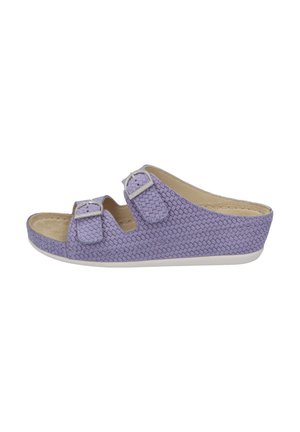 Purple two-strap slide sandal with woven texture, adjustable buckles, cushioned insole, and a white outsole for grip and comfort.