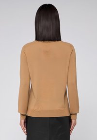 Brauner Langarm-Pullover, weiche Textur, enganliegendes Design, gerippte Bündchen und Saum, runder Ausschnitt, auf dem Rücken eines Models präsentiert.