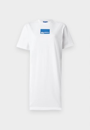 White short-sleeve t-shirt made of cotton with a blue rectangular logo design on the front. Straight hem and crew neck.