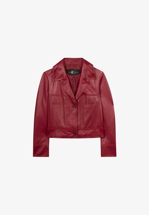 Red leather cropped jacket with a pointed collar, front pockets, button closure, and smooth texture, featuring long sleeves and a zip front.
