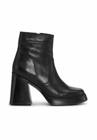 Černé kožené kotníkové boty s elegantním designem, vysokým masivním podpatkem a zaoblenou špičkou. Nabízí zip na boku a hladký povrch.