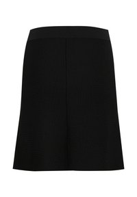 Jupe noire en A avec un design épuré, dotée d'une taille plate et d'une texture lisse, adaptée à diverses occasions.