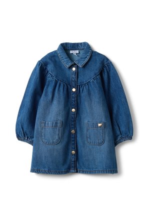 Langärmeliges blaues Denimkleid mit Knöpfen vorne, gerafftem Passe, elastischen Bündchen, Kragen und zwei aufgesetzten Fronttaschen, eine davon mit kleinem Metall-Detail.