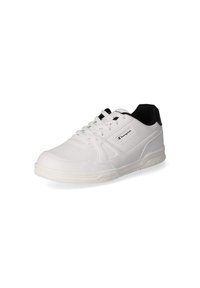 Sneakers sintetiche bianche con accenti neri, dotate di una suola testurizzata, design con lacci e dettaglio del logo laterale. Forma della punta arrotondata.