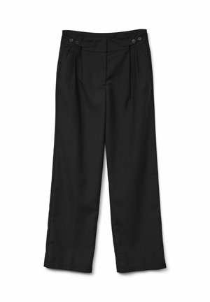 Mustad, laiad püksid, mis on valmistatud siledast kangast. Omab voldikesi ja kahte esi-nööpi vöökohal. Puhtad servad ja nähtamatud mustrid.