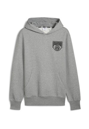 Grauer Kapuzenpullover aus Baumwolle. Verfügt über eine Fronttasche und ein schwarzes Puma-Logo auf der linken Brustseite. Rippstrickbündchen und -saum.