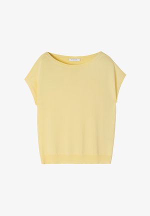 Gul kortærmet top fremstillet af blødt stof, med en bred bådhals og en afslappet pasform med lige søm.