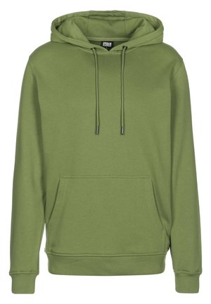 Sudadera verde oliva hecha de una suave mezcla de algodón, con un bolsillo canguro en el frente, capucha ajustable con cordón y puños y dobladillo de punto.