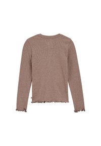 Braunes, geripptes Langarmoberteil mit rundem Ausschnitt, cropped Saum und wellenförmigen Kanten an den Bündchen. Kein sichtbares Logo oder Muster.