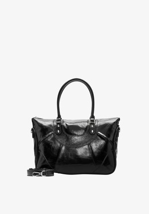Czarna błyszcząca skórzana torebka z dwoma uchwytami górnymi i odpinanym paskiem na ramię, wyposażona w srebrne akcesoria i zamek błyskawiczny.