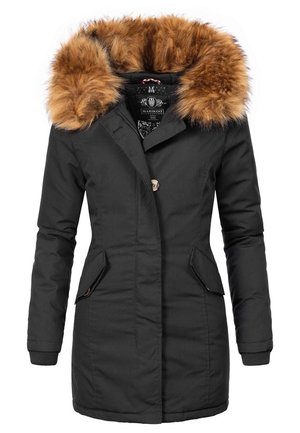 Manteau d'hiver long noir avec une grande capuche bordée de fourrure brune, poches avant avec rabats, fermeture à boutons et à glissière.