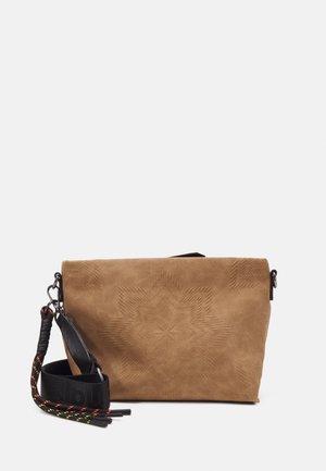 Rectangular brown suede crossbody bag with embossed star pattern and wide black strap featuring multicolor cord accents on white background.