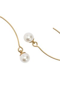 Złote kolczyki koła z gładką, białą perłą na końcu, prezentujące minimalistyczny design i eleganckie, błyszczące wykończenie.