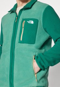 Zelená fleecová bunda s kapsou na zip na hrudi, bočními kapsami a béžovými zipovými detaily. Měkká textura s různými odstíny zelené.