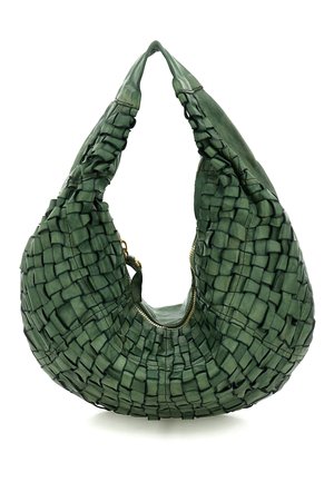 Borsa a mano in pelle verde con texture intrecciata, forma arrotondata e tracolla singola, con cerniera dorata visibile sul lato.