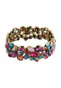 Gold-tone bracelet featuring variously shaped, multicolored gemstones, including deep pink, blue, and clear textures, with intricate cutouts.