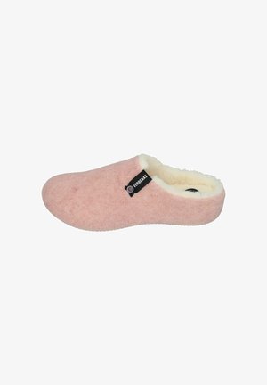 Pink felt slipper with a white fur lining and a black label. The design is closed-back, featuring a solid, soft texture and rounded toe.