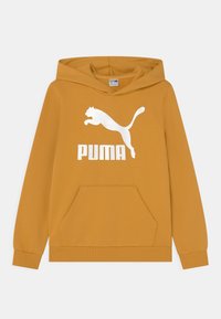 Felpa giallo senape realizzata in morbido tessuto. Presenta una tasca a marsupio frontale, polsini a coste e un grande logo Puma bianco sul petto.