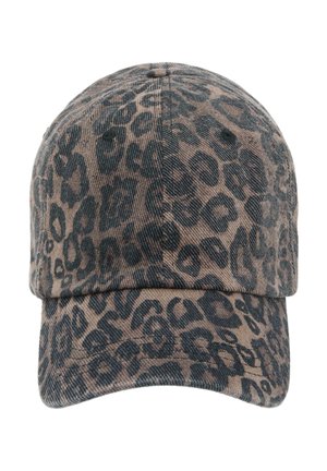 Šiltovka s hnedo-čiernym vzorom leopardia a zakriveným šiltom.