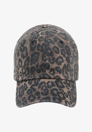 Barna és fekete leopárdmintás baseballsapka, ívelt karimával.