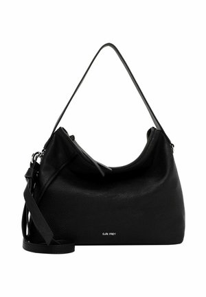 Sac à épaule en cuir noir avec une surface texturée, une forme incurvée, une bandoulière réglable, une fermeture éclair et un branding subtil à l'avant.
