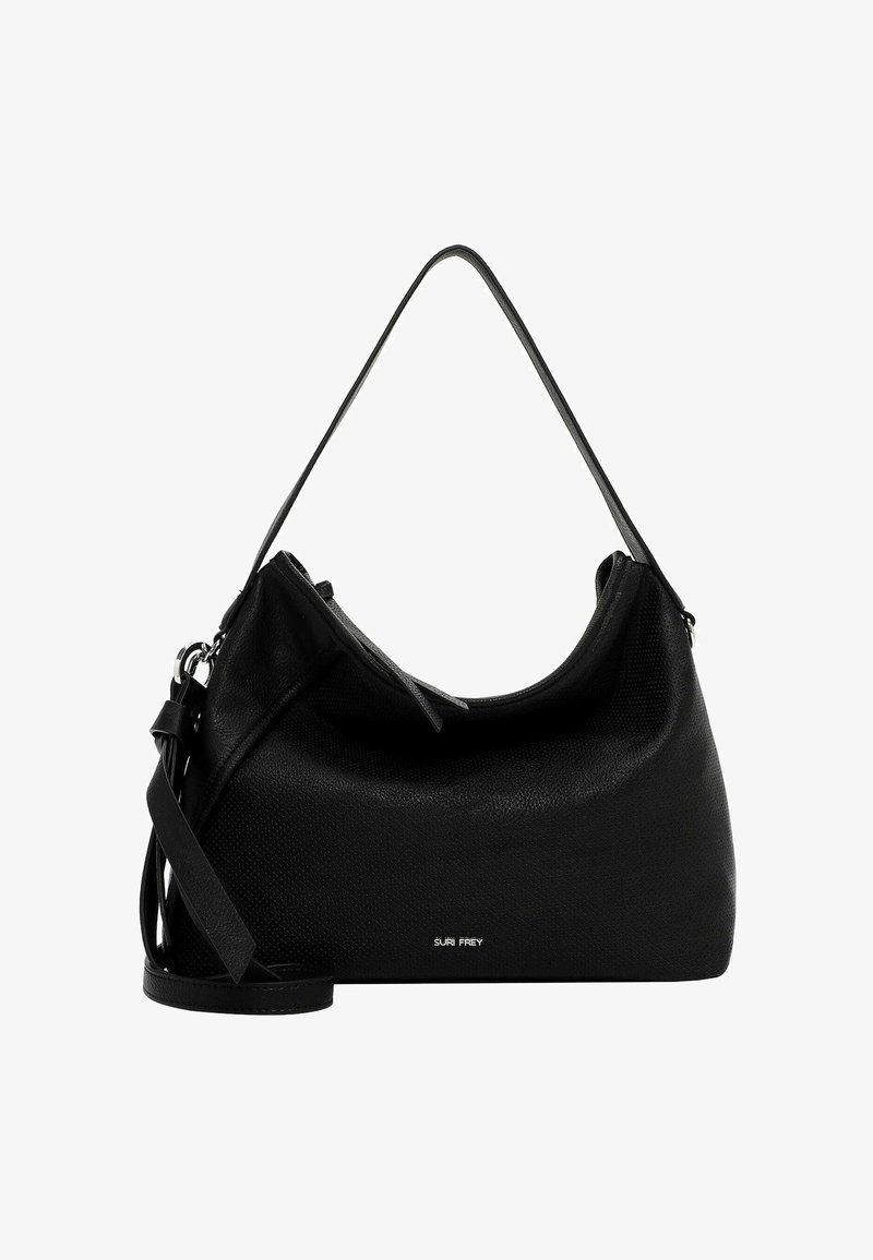 Zwarte leren schoudertas met een stevige textuur, afgeronde vorm, verstelbare schouderband, ritssluiting en subtiele branding aan de voorkant.