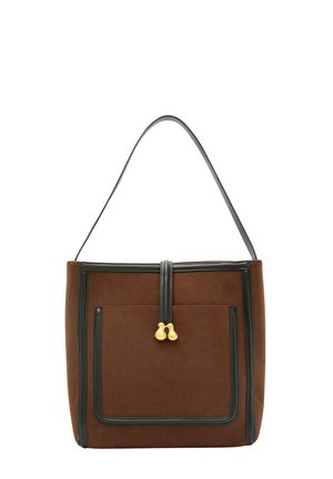 Braune Cordtasche mit strukturierter Form, ausgestattet mit einem schwarzen Lederbesatz und einem Reißverschluss, akzentuiert durch goldene Beschläge.