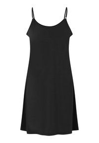 Abito nero senza maniche con spalline sottili, realizzato in tessuto liscio; forma a trapezio che si estende sotto il ginocchio; design semplice senza motivi o dettagli.