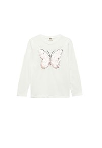 Hvid langærmet t-shirt med et stort, glitrende pink sommerfuglgrafik i midten. Blødt materiale med rund halsudskæring.