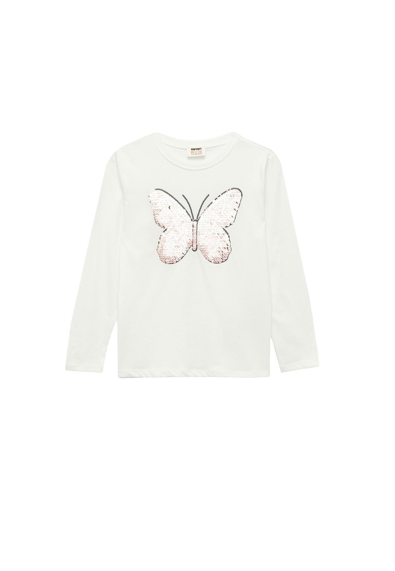 Hvid langærmet t-shirt med et stort, glitrende pink sommerfuglgrafik i midten. Blødt materiale med rund halsudskæring.