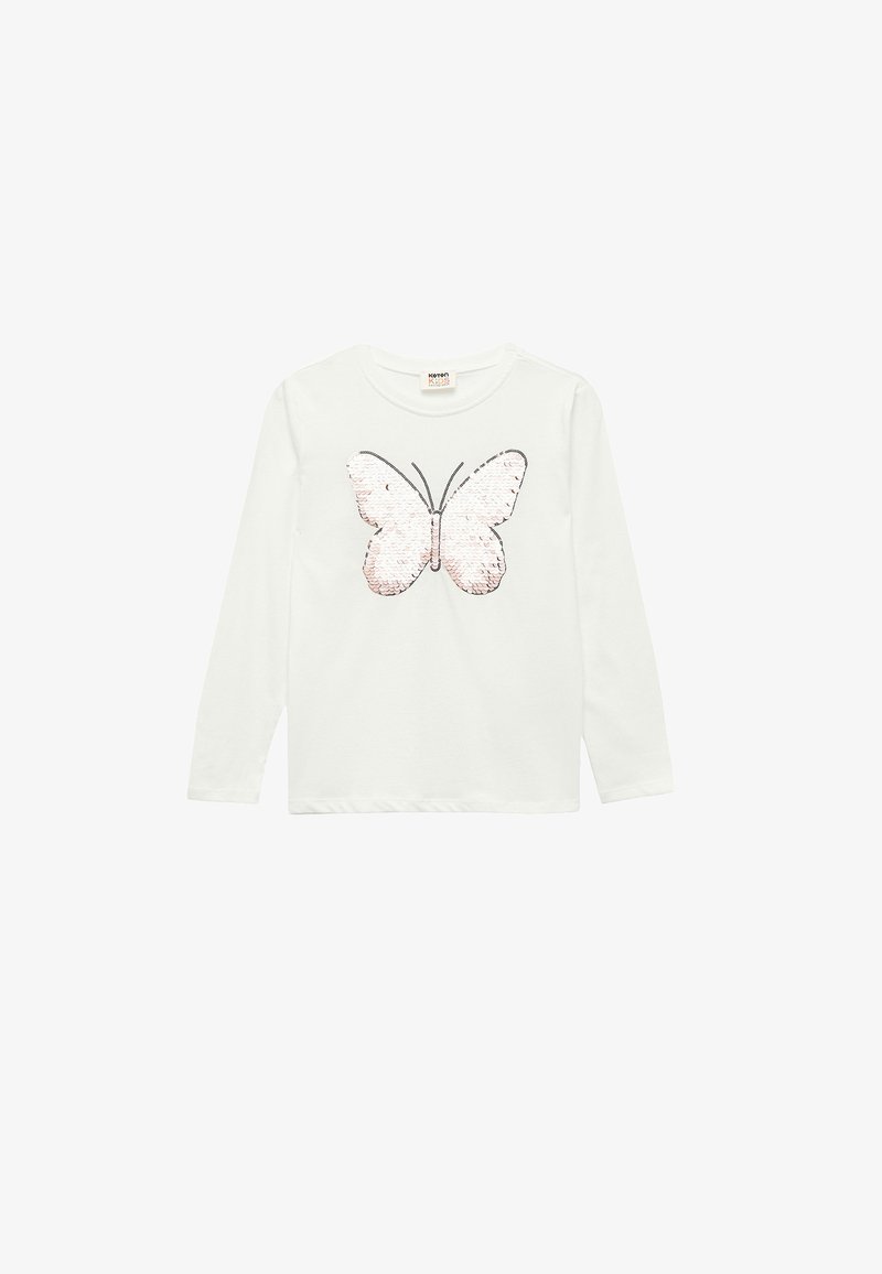 Biała koszulka z długim rękawem z dużą, błyszczącą różową grafiką motyla na środku. Miękki materiał z okrągłym dekoltem.