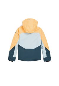 Farebná bunda s kapucňou v modrých, svetlomodrých a oranžových paneloch. Má elegantný dizajn a je vyrobená z odolného, vodoodpudivého materiálu.