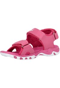 Rosa sporttofflor med justerbara remmar, texturerat ovandelmaterial, vadderad sula och vit gummisul med greppmönster.