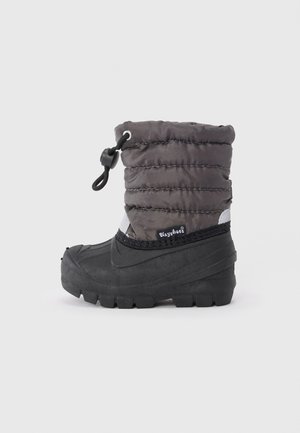 Schwarzer wasserdichter Stiefel mit grauem gestepptem Obermaterial, gerafftem Einstieg, Zugverschluss und strukturiertem Gummisohle. Geeignet für kalte, nasse Bedingungen.