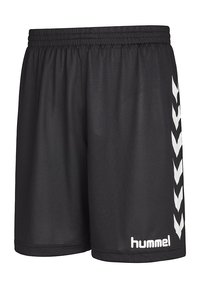Zwarte sportshorts gemaakt van lichtgewicht stof, met een gebogen zoom, elastische tailleband en witte chevronaccenten aan één kant.