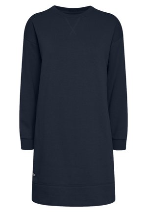 Robe-sweat bleu marine à manches longues, col côtelé et poignets côtelés. Texture douce, longueur au genou, avec un petit logo de marque sur l'ourlet.