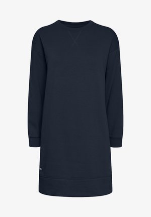 Tumedat sinine sviiterkleit pikkade varrukatega, soonikkoes kaelus ja varrukaotstes. Pehme tekstuur, põlvini ulatuv, väikese brändi logoga helmel.