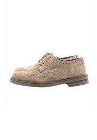 Scarpe brogue in suede beige con dettagli perforati, punta rotonda e suola in gomma piatta. Progettate con una chiusura classica a lacci.