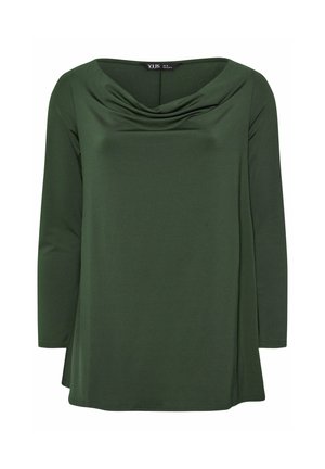 Haut à manches longues en vert foncé, avec un col drapé et une coupe décontractée. Fabriqué en tissu doux et lisse sans motifs visibles.