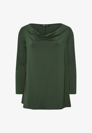 Pitkähihainen tumma vihreä paita, jossa on laskostettu hollantilainen kaula-aukko ja rento istuvuus. Valmistettu pehmeästä ja sileästä kankaasta ilman näkyviä kuvioita.