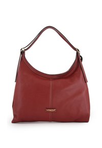 Red leather hobo bag with a smooth texture, curved handle, gold-tone logo detail, and contrasting stitching running vertically along the front.